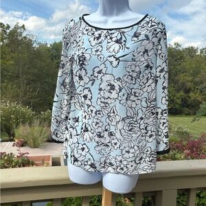 LOFT Pastel Blue, Black and White Floral Chiffon 3/4 sleeves Blouse, Size: XS